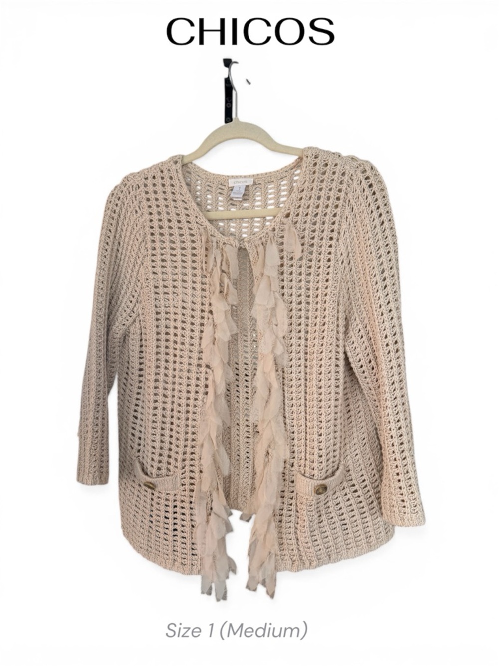 Chico's Open Knit Crochet Fringe Trim Cardigan - Beige Neutral Tan